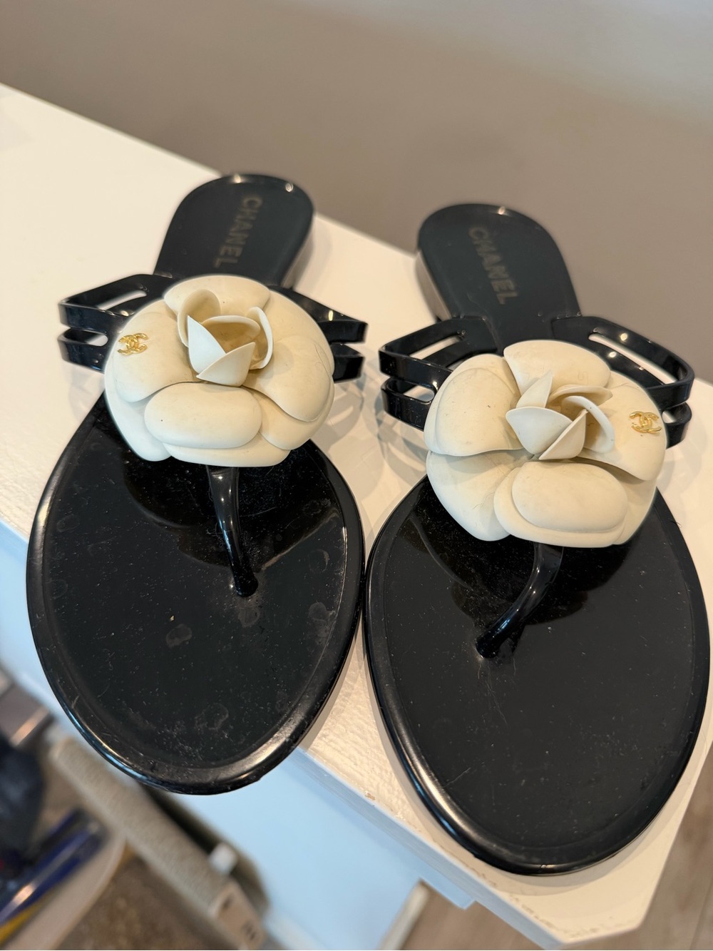 Chanel Black Jelly Camellia Thong Sandals